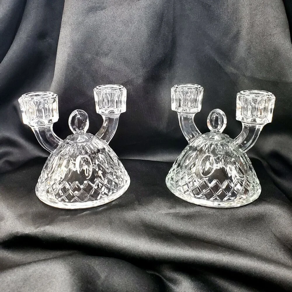 VTG 2 Imperial Glass Diamond Thumbprint Double Candlestick Taper Candle Holders